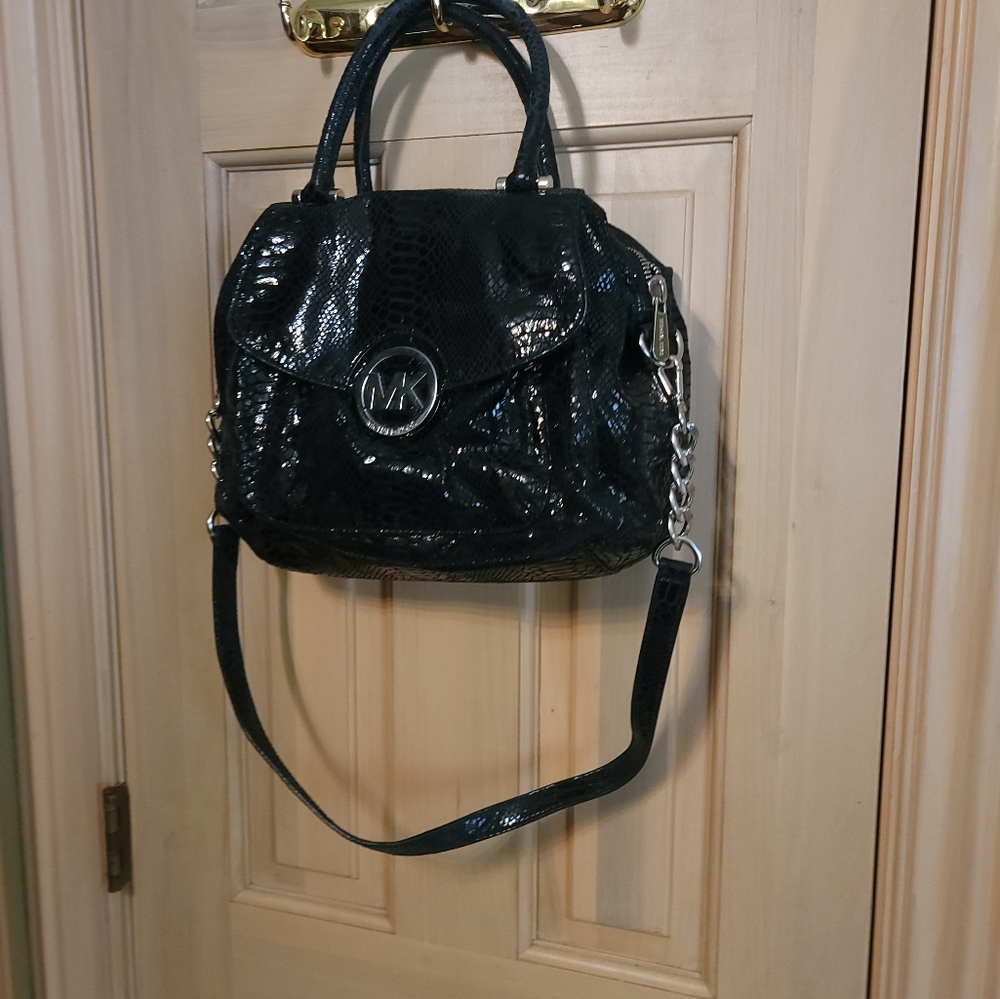 Michael Kors Fulton Black Patten python Leather Purse Handbag - Picture 11 of 12